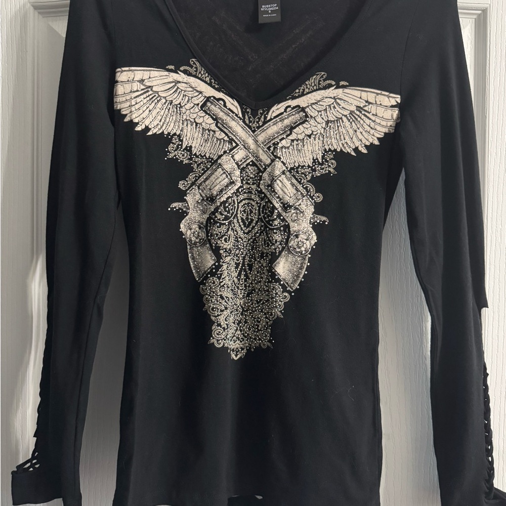 Los Angeles Bus Stop Black Long Sleeve Rhinestone Top with Winged Pistols